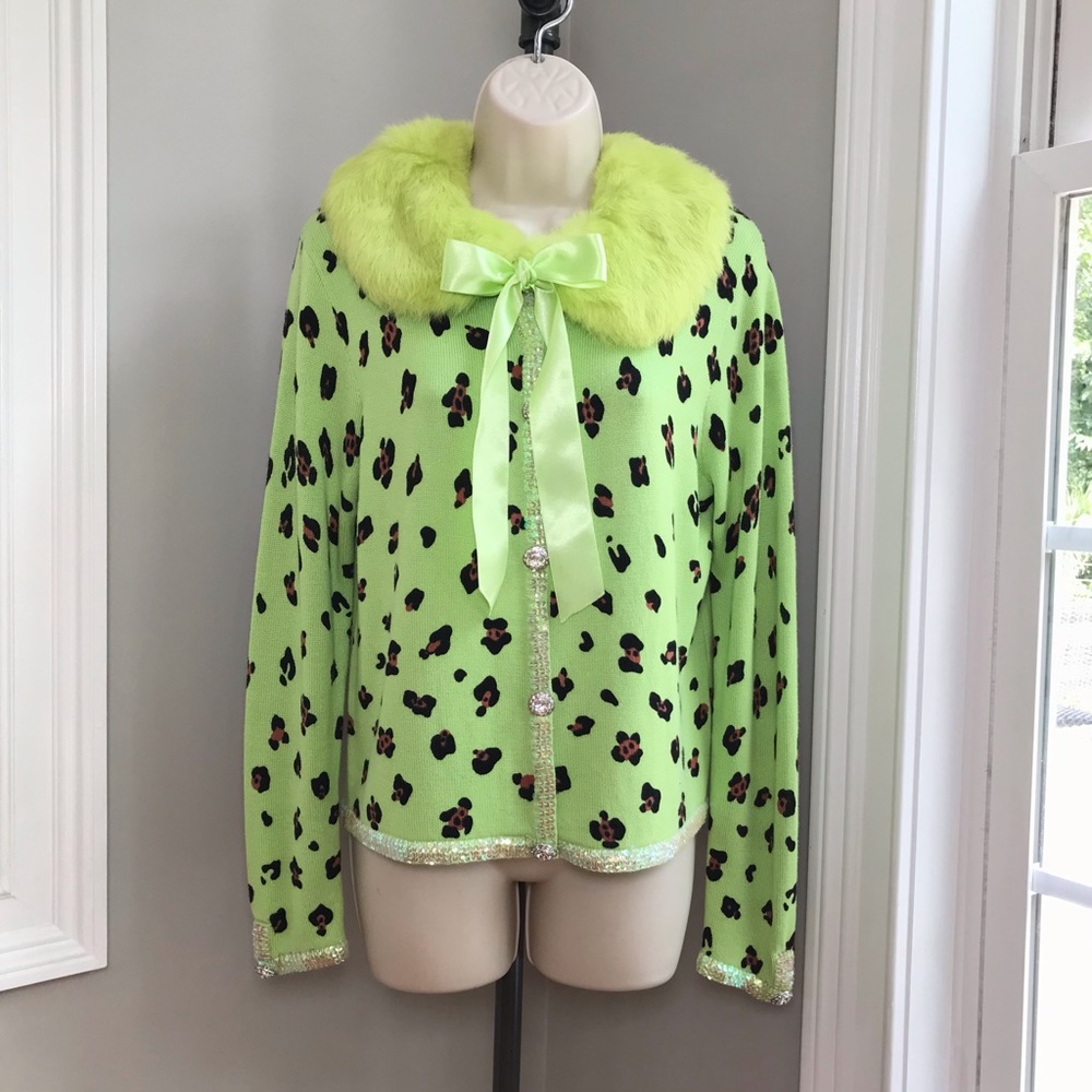 Vintage Berek Light Green Cheetah Faux Fur Sweater Cardigan ~ Women’s Medium NWT